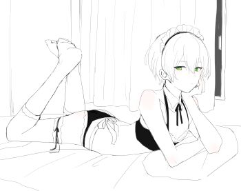 1boy absurdres ass barefoot bikini closed_mouth commentary crossdressing crossdressing_(mtf) curtains detached_collar dot_nose frilled_bikini frills from_side full_body green_eyes hair_between_eyes hand_on_own_chin highres indoors looking_at_viewer lying maid maid_bikini maid_headdress male_focus male_maid monochrome neck_ribbon on_bed on_pillow on_stomach original pectoral_cleavage pectorals ribbon short_hair sketch sketch_background socks solo spot_color sunaba_(nczd5875) swimsuit thigh_strap thighs trap unconventional_maid waist_ribbon white-haired_boy_(sunaba_(nczd5875)) window