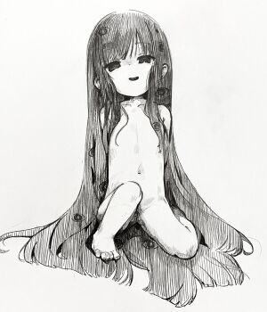 1girl absurdly_long_hair barefoot collarbone completely_nude flat_chest grey_background highres loli long_hair looking_at_viewer monochrome navel nude open_mouth original renocoffee simple_background sitting smile solo toes very_long_hair