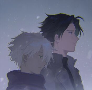 2boys black_hair black_sweater blue_eyes closed_mouth collared_jacket commentary curtained_hair cyrus_albright dark-skinned_male dark_skin frown fujie_xy grey_jacket hashtag-only_commentary highres jacket looking_ahead looking_down male_focus multiple_boys octopath_traveler octopath_traveler_i open_clothes open_jacket popped_collar profile purple_scarf scarf snowing solo sweater therion_(octopath_traveler) upper_body white_hair