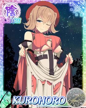 1girl beret black_bra black_necktie blue_eyes border bra breasts brown_hair card_(medium) character_name cleavage detached_sleeves dress game_cg hat knife kurohoro_(senran_kagura) large_breasts lifting_own_clothes looking_at_viewer medium_hair necktie night night_sky official_art one_eye_closed parted_lips red_dress red_hat red_sleeves senran_kagura senran_kagura_new_wave sky sleeveless sleeveless_dress smile solo sweat too_many too_many_knives torn_clothes torn_dress underwear wide_sleeves