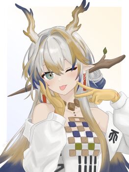 1girl ;p absurdres arknights bare_shoulders black_hair blonde_hair border colored_extremities commentary dragon_girl dragon_horns earrings english_commentary green_eyes grey_hair hair_between_eyes hair_intakes hand_on_own_cheek hand_on_own_face highres horns jacket jewelry ji_wan_2 long_hair long_sleeves looking_at_viewer multicolored_hair necklace off_shoulder one_eye_closed outside_border pointy_ears shu_(arknights) solo tongue tongue_out upper_body v white_border white_jacket