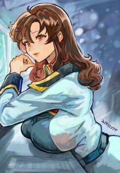 1girl breasts brown_eyes brown_hair commentary dated earth_federation earth_federation_space_forces gundam gundam_seed highres large_breasts leaning_forward long_hair military_uniform murrue_ramius okrdisk2000 solo