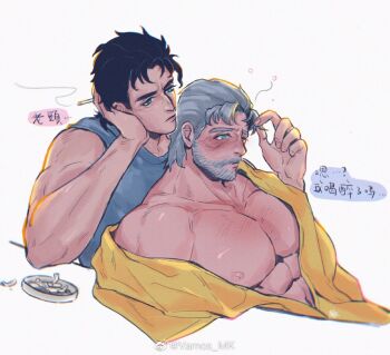 2boys abs ashtray bara beard blanket blush cigarette closed_mouth collarbone connected_beard drunk facial_hair fingernails grandfather_and_grandson green_eyes grey_hair incest jojo_no_kimyou_na_bouken joseph_joestar joseph_joestar_(old) large_pectorals male_focus multiple_boys muscular muscular_male nipples pectorals sideburns smoking stardust_crusaders translation_request vamos_mk yaoi