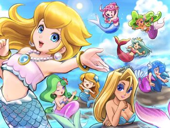 6+girls :d ;d aqua_hair aqualea_(wario&#039;s_woods) bikini blonde_hair blue_hair blue_sky bracelet breasts cleavage closed_eyes cloud company_connection crossover crown day densetsu_no_stafy donkey_kong_(series) donkey_kong_64 earrings eyeshadow fins green_hair hair_ornament hair_over_one_eye head_fins highres jewelry lipstick long_hair looking_at_viewer makeup mario_(series) meidou_(wario&#039;s_woods) mermaid mermaid_(donkey_kong_64) mermaid_(link&#039;s_awakening) mermaid_(starfy) mermaid_peach mixed-language_commentary monster_girl multiple_crossover multiple_girls nathia_(panel_de_pon) navel necklace neris_(panel_de_pon) nintendo ocean one_eye_closed one_eye_covered open_mouth outdoors panel_de_pon pink_hair pink_lips princess_peach princess_peach:_showtime! rock shell shell_bikini sky smile sphere_earrings star_(symbol) star_hair_ornament sun suruga_kanade swimsuit the_legend_of_zelda the_legend_of_zelda:_link&#039;s_awakening trait_connection wario&#039;s_woods water waves