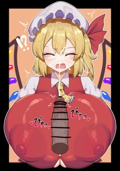 !? 1girl absurdres alternate_breast_size_(larger) ascot bar_censor black_border blonde_hair border breasts button_gap censored cleavage closed_eyes commentary covered_erect_nipples crystal_wings cum cum_on_body disembodied_penis ejaculation facial flandre_scarlet gigantic_breasts hat hat_ribbon highres mob_cap multicolored_wings orange_background outline penis pov red_ribbon ribbon short_hair simple_background solo_focus spammayoss touhou upper_body variant_set veins veiny_penis white_hat white_outline wings yellow_ascot
