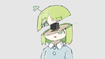 1girl blue_shirt collared_shirt cube green_eyes green_hair grey_background highres leaf leaf_on_head looking_at_viewer medium_hair open_mouth original shirt simple_background solo surreal tsukumizu_yuu