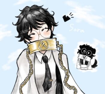 1girl artist_request black_hair black_necktie blush cape chain character_name closed_eyes collar commentary covered_mouth english_commentary glasses limbus_company necktie project_moon round_eyewear shirt short_hair simple_background solo_focus sora_(project_moon) twitter_username upper_body white_cape white_shirt