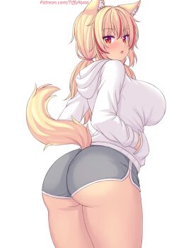 1girl animal_ears ass ass_focus blonde_hair blush breasts cat_ears cat_tail from_behind grey_shorts highres huge_ass large_breasts long_hair looking_at_viewer looking_back low_twintails nottytiffy open_mouth original red_eyes shirt short_shorts shorts sideboob solo tail thick_thighs thighs tiffy_(nottytiffy) twintails