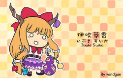 Rule 34 | 1girl, artist name, black footwear, bow, bowtie, chain, character name, english text, food, gourd, hair bow, horns, ibuki suika, long hair, low-tied long hair, onigiri, open mouth, orange hair, purple skirt, red bow, red bowtie, shirt, simple background, skirt, sleeveless, sleeveless shirt, socks, solid circle eyes, solo, touhou, very long hair, white shirt, white socks, windgun, wrist cuffs, yellow background