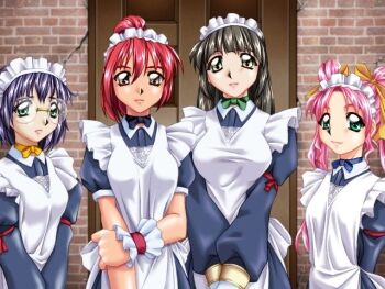 Rule 34 | 4girls, artist request, black hair, brown eyes, maid, multiple girls, pink hair, purple hair, red hair, tagme