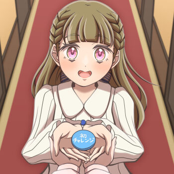 2girls :d badge blush bow braid brown_hair button_badge center-flap_bangs collared_shirt commentary_request female_pov ganbarai hair_bow highres holding_badge kachimachi_kosuzu kachimachi_kosuzu_(winter_loungewear) link!_like!_love_live! looking_at_viewer love_live! multicolored_eyes multiple_girls murano_sayaka official_alternate_costume open_mouth pink_bow pink_eyes pov ribbed_shirt rounded_collar shirt side_braids smile striped_bow two-tone_eyes virtual_youtuber white_shirt yellow_eyes