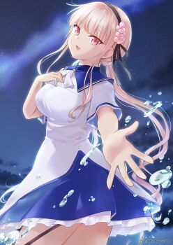 1girl :d anemoi awayuki_hiiro black_hairband black_ribbon blonde_hair blue_dress blunt_bangs breasts collared_dress commentary_request copyright_notice cowboy_shot dress flower frilled_dress frills from_side hair_flower hair_ornament hair_ribbon hairband hand_up highres large_breasts long_hair looking_at_viewer low_twintails misaki_juri night open_mouth outdoors outstretched_arm outstretched_hand pink_flower reaching reaching_towards_viewer red_eyes ribbon second-party_source short_dress short_sleeves sky smile solo star_(sky) starry_sky tsurime twintails two-tone_dress very_long_hair water_drop white_dress