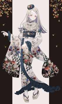 1girl beret blonde_hair blue_hat blush brown_background colored_eyelashes commentary earrings falling_leaves flipped_hair floral_print floral_print_kimono food_print frilled_kimono frills full_body furisode gakuen_idolmaster gradient_hair grey_hair hair_ornament hairclip hat idolmaster japanese_clothes jewelry kimono leaf long_hair long_sleeves looking_at_viewer multicolored_hair mushroom_print obi obiage obijime oden100 okobo open_clothes open_kimono orange_eyes parallel_hairclips parted_bangs parted_lips pigeon-toed platform_sandals print_kimono sandals sash shinosawa_hiro socks solo standing stud_earrings symbol-only_commentary tabi two-tone_background white_background white_socks wide_sleeves