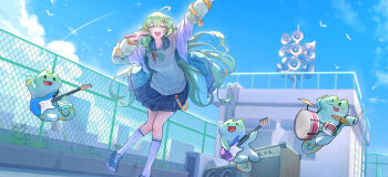 1girl absurdres ahoge bass_guitar blonde_hair blue_skirt blue_sky breasts chogeumbi commentary_request drum drum_set electric_guitar green_eyes green_hair guitar hair_ornament hairpin headphones headphones_around_neck highres horn_speaker indie_virtual_youtuber instrument korean_commentary ky_dako long_hair looking_at_viewer loose_clothes mascot medium_breasts microphone multicolored_hair music official_art on_rooftop original plaid_clothes plaid_skirt pleated_skirt rooftop singing skirt sky socks solo speaker streaked_hair sweater very_long_hair virtual_youtuber white_socks