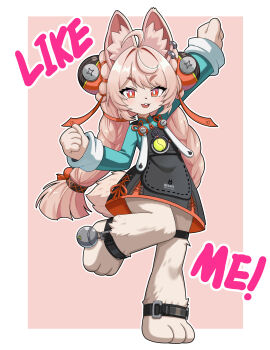 1girl absurdres ahoge animal_ears arm_up barefoot black_dress braid bright_pupils dress highres jmsleo long_hair looking_at_viewer open_mouth pink_fur pink_hair rabbit_ears rabbit_girl rabbit_tail red_eyes smile solo tail thigh_strap twin_braids very_long_hair white_pupils zenless_zone_zero zhao_(zenless_zone_zero)