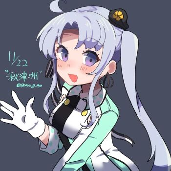 1girl ahoge akitsushima_(kancolle) blue_hair buttons character_name commentary_request dated double-breasted grey_background hat highres kantai_collection long_hair looking_at_viewer mcmcknk military_uniform mini_hat purple_eyes side_ponytail simple_background smile solo twitter_username upper_body waving