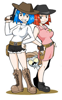 2girls amu_ru aqua_hair belt benga_ru black_footwear black_gloves black_hat black_outline black_shorts blunt_ends blunt_sidelocks bone_necklace boots breasts brown_belt brown_footwear brown_hair buckle closed_mouth collar collared_dress collared_sweater colored_sclera cowboy_hat cross-laced_footwear cub dress facial_hair fingerless_gloves full_body fur-trimmed_shorts fur_trim gloves grey_fur grin gun hair_between_eyes hand_on_own_hip handgun handlebar_mustache hat holding holding_gun holding_weapon holster jewelry knee_boots large_breasts long_sleeves looking_at_viewer micro_shorts mukku_(mook-tv) multiple_girls mustache necklace no_pupils official_art outline pink_collar pink_dress red_hair revolver second-party_source shadow sheriff_badge shiro_kotora shorts siblings sidelocks simple_background sisters smile smirk spiked_hair straight_hair striped_fur sweater teeth tiger tora_da_yo. toranoana turtleneck turtleneck_sweater weapon white_background white_fur white_sleeves white_sweater wing_collar yellow_sclera