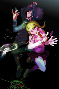 Rule 34 | 1boy, 1girl, ahoge, akamatsu kaede, aqua hair, back-to-back, backpack, bag, baseball, black background, black hat, black jacket, black pants, black shoes, blonde hair, breasts, brown shoes, bullet, collared jacket, collared shirt, collared vest, commentary request, copyright name, crest, crosshair, danganronpa (series), danganronpa v3: killing harmony, delidelidelic, determined, downturned eyes, dress shoes, eyelashes, floating clothes, floating hair, fortissimo, full body, gakuran, hair ornament, hairclip, hat, height difference, high collar, highres, jacket, kneehighs, lapels, large breasts, layered sleeves, leg up, light particles, long hair, long sleeves, looking at another, looking back, miniskirt, musical note, musical note hair ornament, musical note print, necktie, notched lapels, object floating above hand, orange necktie, pants, parted lips, pink vest, pinstripe jacket, pinstripe pants, pinstripe pattern, pleated skirt, pointing, pointy nose, print skirt, purple skirt, purple socks, saihara shuichi, school uniform, shirt, shoes, short hair, skirt, socks, translation request, undershirt, vest, white bag, white shirt, white socks, yellow eyes