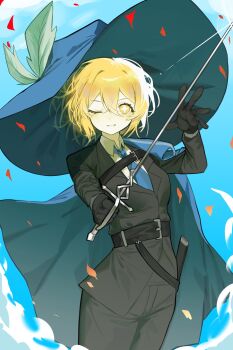 1girl ;d belt black_coat blonde_hair blue_necktie cinq_association_east_uniform coat collared_shirt contrapposto day don_quixote_(project_moon) double-parted_bangs falling_leaves fedora hair_between_eyes hand_up hat hat_feather highres holding holding_polearm holding_weapon lance leaf limbus_company looking_at_viewer necktie official_alternate_costume one_eye_closed open_mouth orara_10 outdoors oversized_hat polearm project_moon shirt short_hair sidelighting smile solo sparkling_eyes weapon white_shirt