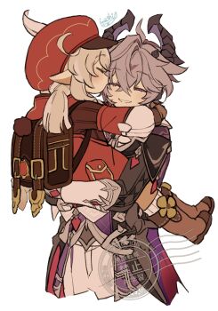 1boy 1girl ahoge blonde_hair blush carrying carrying_person closed_eyes dodoco_(genshin_impact) dragon_boy dragon_horns durin_(genshin_impact) genshin_impact hair_between_eyes highres horns iwashi_(iwashi008) kiss kissing_cheek klee_(genshin_impact) pointy_ears purple_hair twintails vision_(genshin_impact) watermark white_background