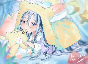 1girl :3 animal animal_ears aoizorachi bear bed blanket blue_eyes blue_hair blush canopy_bed collared_shirt cub curtains fake_animal_ears fake_tail frilled_pillow frills frown fur-trimmed_sleeves fur_trim hair_spread_out heart heart-shaped_pillow holding holding_animal looking_at_viewer lying marumofubiyori moon_(ornament) nibbling on_stomach open_mouth pajamas pillow plant polar_bear polka_dot_blanket project_sekai purple_pajamas red_pillow sanrio shirt signature star_ornament tail yellow_blanket yellow_pillow yoisaki_kanade