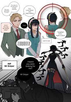 Rule 34 | 1girl, 3boys, anger vein, aqua vest, arm around shoulder, black boots, black dress, black gloves, black hair, blonde hair, boots, breasts, brother and sister, cleavage, collared shirt, commentary, cosplay, cropped torso, crossdressing, crossdressing (mtf), crosshair, dagger, dress, dual wielding, earrings, english commentary, english text, fingerless gloves, formal clothes, from behind, furrowed brow, gloves, gold earrings, gold hairband, green jacket, green suit, green vest, gun, hairband, hanakan, hand in pocket, high-low dress, highres, holding, holding weapon, jacket, jewelry, knife, long hair, looking at another, looking through scope, mask, medium breasts, mouth mask, multiple boys, necktie, open mouth, parted bangs, red dress, red eyes, red necktie, rifle, shaded face, shirt, short hair, siblings, sidelocks, sniper rifle, spy x family, stiletto (weapon), suit, suit jacket, sweatdrop, thigh boots, twilight (spy x family), two-sided dress, two-sided fabric, upper body, vest, waistcoat, weapon, white background, white hairband, white shirt, yor briar, yor briar (cosplay), yuri briar