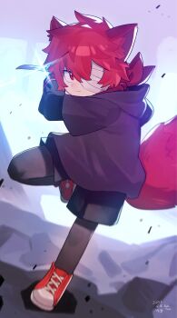 1boy animal_ears bandage_on_face bandages black_leggings black_shorts closed_mouth fox_boy fox_ears fox_tail freckles grey_hoodie highres holding holding_knife hood hoodie indie_virtual_youtuber itoryo knife leggings red_eyes red_shoes red_tail serious shoes shorts sleepyxah_(vtuber) solo tail