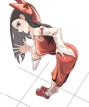 1girl armpits black_hair bow breasts commentary_request cookie_(touhou) detached_sleeves dress hair_bow hakurei_reimu hand_on_own_hip highres hinshi_(nicoseiga121432160) long_hair looking_at_viewer open_mouth profile red_bow red_dress red_shoes scarf shiromiya_rei shoes solo standing touhou white_background white_scarf