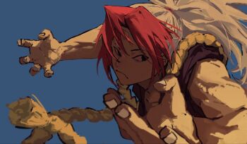 1girl black_eyes blue_background crop_top expressionless hair_ornament hidari_(yomi_no_tsugai) horns misomackerel multicolored_hair muscular muscular_female nails red_hair rope sash shimenawa shirt single_horn solo spiked_hair white_hair yomi_no_tsugai