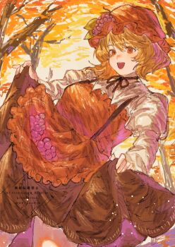 1girl :d absurdres aki_minoriko apron autumn_leaves black_skirt blonde_hair clothes_lift commentary_request food fruit grape_hat_ornament grapes hat highres leaf long_sleeves medium_hair oftooon open_mouth orange_apron orange_eyes shirt skirt skirt_lift smile solo teeth thighs touhou upper_teeth_only watermark white_shirt