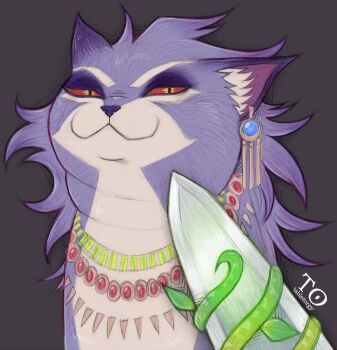 Rule 34 | 1girl, animal ears, belladonna (seiken densetsu 3), cat, cat ears, cat smile, colored sclera, earrings, highres, jewelry, meme, necklace, plant, purple fur, red sclera, seiken densetsu, seiken densetsu 3, slit pupils, sword, tabletorgy, vines, weapon