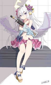 1girl absurdres angel_wings assault_rifle azusa_(blue_archive) azusa_(swimsuit)_(blue_archive) bare_shoulders bead_necklace beads bikini bikini_skirt blue_archive blush bow breasts closed_mouth commentary crescent_halo crossed_bangs feathered_wings flower frilled_bikini frills full_body gun hair_between_eyes hair_flower hair_ornament halo haruteru highres holding holding_gun holding_weapon jewelry long_hair looking_at_viewer m4_carbine navel necklace official_alternate_costume pink_bikini pink_eyes purple_eyes purple_flower rifle ruffle_bikini small_breasts smile solo strapless strapless_bikini swimsuit very_long_hair weapon white_hair white_wings winged_halo wings yellow_halo