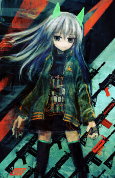 1girl animal_ears arms_at_sides assault_rifle bomb cat_ears commentary detonator explosive female_focus floating_hair green_eyes green_jacket gun highres imminent_suicide jacket lm7_(op-center) looking_at_viewer original rifle silver_hair sketch smile solo suicide suicide_bomb thighhighs time_bomb timer weapon