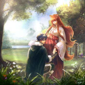 1boy 1girl animal_ears armor black_hair black_jacket blue_sky breasts brown_gloves cloak cloud cloudy_sky commentary commission couple day elbow_gloves english_commentary expressionless floating_hair full_body fur-trimmed_armor fur-trimmed_gloves fur-trimmed_hood fur_trim gloves gold_trim grass green_cloak hair_between_eyes hair_tubes hakama hakama_skirt hetero high_collar highres hood hood_down hooded_cloak iwatani_naofumi jacket japanese_clothes kosode leather_armor light_rays long_hair medium_breasts messy miko on_one_knee orange_hair outdoors pregnant raccoon_ears raccoon_girl raccoon_tail raphtalia red_eyes red_hakama red_ribbon red_skirt ribbon ribbon-trimmed_sleeves ribbon_trim second-party_source short_hair skirt sky smile standing steelcorgi sunbeam sunlight tail tassets tate_no_yuusha_no_nariagari tree white_kosode