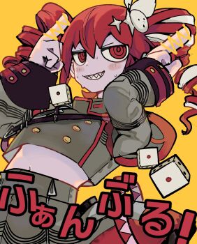 1girl belt black_belt blush bow buttons censored commentary_request dice drill_hair fumble!_(synthesizer_v) grey_jacket grey_skirt grin hair_between_eyes hair_bow hair_ribbon highres jacket kasane_teto kasane_teto_(sv) layered_sleeves looking_at_viewer microa middle_finger midriff_peek navel pointless_censoring red_eyes red_hair red_trim ribbon sharp_teeth shoulder_belt skirt skirt_set smile solo striped_clothes striped_skirt synthesizer_v teeth twin_drills utau white_bow white_ribbon yellow_background