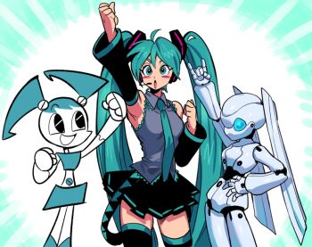 3girls \m/ aqua_eyes aqua_hair aqua_necktie arm_up blue_eyes blue_hair clenched_hands crossover detached_sleeves drossel_von_flugel fireball_(series) hairstyle_connection hatsune_miku headphones headset humanoid_robot jenny_wakeman joints miniskirt multiple_crossover multiple_girls my_life_as_a_teenage_robot nanika_(nnkgh) necktie no_mouth robot robot_girl robot_joints skirt thighhighs trait_connection twintails vocaloid