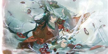 Rule 34 | 1girl, absurdres, black hair, blood, blood on face, blue eyes, chinese clothes, chinese commentary, commentary request, floating hair, grey background, hair bun, hand on headwear, hands up, hanfu, highres, holding, holding sword, holding weapon, jian (weapon), long hair, looking at viewer, mouth hold, paper heron, red hanfu, reverse:1999, sketch, solo, stalk in mouth, sword, upper body, weapon, weimao, yi fen ta