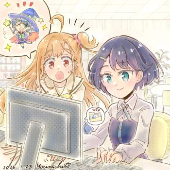 2girls ;d ahoge aqua_eyes azabu_mai blue_cross_tie blue_dress blue_hair blue_hat blush bow bowtie center_frills chair chibi collarbone collared_shirt commentary computer_keyboard computer_mouse cross_tie dated dress folder frilled_shirt frills hat holding holding_computer_mouse holding_wand ikizulive!_love_live!_bluebird indoors long_hair love_live! magician monitor multiple_girls nervous_sweating notice_lines on_chair one_eye_closed one_side_up open_mouth orange_hair red_eyes sailor_collar sailor_shirt shirt short_hair sitting smile spoken_character star_wand strapless strapless_dress sweat takahashi_polka typing wand white_sailor_collar white_shirt witch_hat yellow_bow yellow_bowtie yorimichi_blue