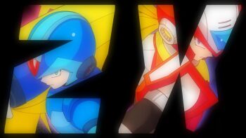 Rule 34 | 2boys, arm cannon, armor, blonde hair, blue armor, blue eyes, blue helmet, chest jewel, clenched hands, energy sword, forehead jewel, gloves, glowing, green eyes, helmet, holding, holding sword, holding weapon, jewelry, long hair, looking at viewer, male focus, mega man (series), mega man x (series), multiple boys, no-rishio, ponytail, red armor, red helmet, serious, shoulder armor, sword, twitter username, two side up, very long hair, weapon, white gloves, x (mega man), z saber, zero (mega man)