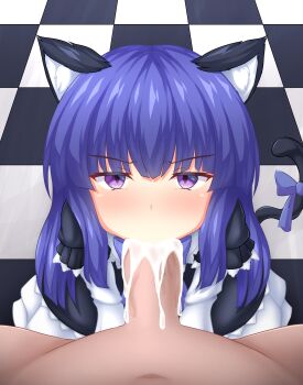 1girl absurdres animal_ear_fluff animal_ears between_legs black_dress black_fur blue_bow blue_bowtie blue_hair blunt_bangs blush bow bowtie cat_ears cat_girl cat_tail censored checkered_background checkered_floor clothed_female_nude_male completely_nude cum cum_in_mouth dress expressionless fellatio frederica_bernkastel frilled_dress frills gothic_lolita highres hime_cut loli lolita_fashion long_hair looking_up mosaic_censoring navel nude on_floor oral penis pov pov_crotch puffy_sleeves purple_eyes sidelocks sitting sonicphu tail tail_bow tail_ornament umineko_no_naku_koro_ni variant_set white_fur wide_sleeves