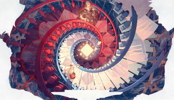 1boy 1girl aluce beatrice_(umineko) black_dress blonde_hair chessboard commentary_request dress flower from_above glowing hair_flower hair_ornament hand_on_railing highres jacket on_stairs railing red_flower red_hair roman_numeral skirt_hold spiral_staircase stairs title umineko_no_naku_koro_ni ushiromiya_battler white_jacket wide_sleeves