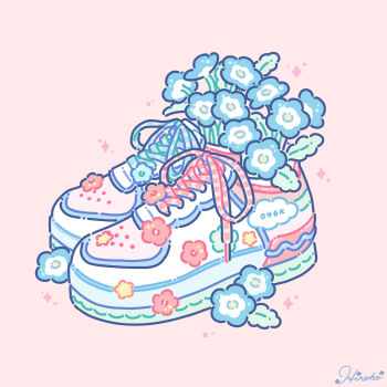 artist_name blue_flower flower forget-me-not_(flower) green_flower highres hiro046k leaf no_humans object_focus original pink_background pink_flower shoelaces shoes simple_background sneakers square star_(symbol) still_life