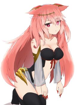 1girl animal_ears bare_shoulders black_thighhighs breasts cleavage closed_mouth commentary_request detached_sleeves fingernails grey_sleeves heterochromia highres long_fingernails long_hair long_sleeves medium_breasts no_shoes nyaha original pink_eyes pink_hair red_eyes red_nails shadow sharp_fingernails simple_background solo thighhighs very_long_hair white_background
