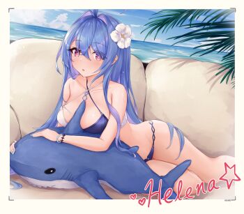 1girl :o absurdres alternate_breast_size azur_lane beach between_breasts bikini blue_hair blue_nails blush breasts character_name day flower groin hair_between_eyes hair_flower hair_ornament helena_(azur_lane) helena_(shimmering_triangle_wave)_(azur_lane) highres hip_focus inflatable_shark inflatable_toy kyl490 large_breasts leaning_on_object long_hair looking_at_viewer lying medium_breasts multicolored_bikini nail_polish ocean on_side on_stomach open_mouth outdoors palm_tree purple_eyes signature solo staring swimsuit thighs tree two-tone_bikini very_long_hair wet wet_bikini wet_clothes wet_hair wet_swimsuit white_flower
