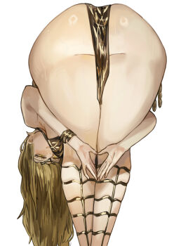 1girl absurdres amen_pose_(meme) arm_around_leg armlet ass ass_focus belt bent_over blonde_hair bracelet circlet convenient_censoring elden_ring feet_out_of_frame from_behind frontbend gladiator_sandals gold_armlet gold_belt gold_bracelet gold_circlet gold_diadem heart heart_hands highres jewelry legs long_hair looking_back meme miao_jiangyou pelvic_curtain presenting_own_ass presenting_own_body queen_marika_the_eternal sandals smile solo white_background yellow_eyes
