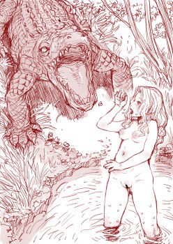 1girl artist_request blush breasts censored crocodile crocodilian monochrome monster nipples nude peril sketch tagme water