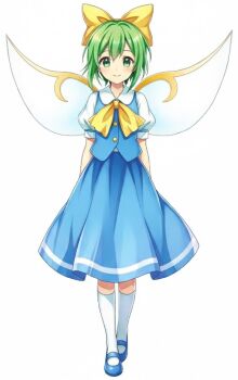 Rule 34 | 1girl, blue shoes, blue skirt, blue vest, blush, bow, bowtie, buttons, closed mouth, collared shirt, daiyousei, fairy wings, full body, green eyes, green hair, hair bow, highres, kneehighs, looking at viewer, mary janes, non-web source, shirt, shoes, short hair, short sleeves, simple background, skirt, skirt set, smile, socks, solo, standing, touhou, vest, white background, white shirt, white socks, wings, yellow bow, yellow bowtie