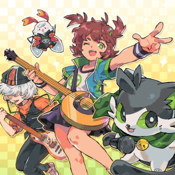 3girls album_cover animal_ears antenna_hair bad_id bad_tumblr_id beanie bell black_eyes black_hat black_pants black_skirt black_vest blue_jacket bright_pupils brown_hair capelet cat_ears cat_girl cat_tail checkered_background colored_sclera commentary cover english_commentary eve_staccato green_capelet green_eyes green_sclera guitar hair_over_eyes hat heartbeat_(game) highres holding holding_guitar holding_instrument holding_microphone holding_plectrum instrument jacket jeto_(jetopyon) klein_gremory looking_at_viewer microphone mott_(heartbeat) multiple_girls neck_bell official_art one_eye_closed open_clothes open_jacket open_mouth orange_hat orange_sweater outline pants patch_godunov plectrum shirt shoes short-sleeved_jacket short-sleeved_sweater short_hair short_sleeves short_twintails skirt smile sneakers star-shaped_pupils star_(symbol) sweater symbol-shaped_pupils t-shirt tail tongue triangle_(instrument) turtleneck turtleneck_sweater twintails two-tone_hat v vest white_hair white_outline white_pupils white_shirt white_shoes