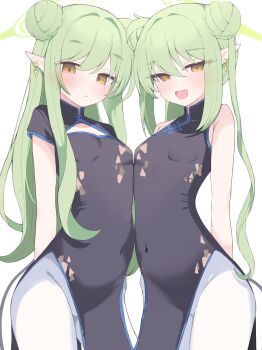 2girls absurdres black_dress blue_archive breasts china_dress chinese_clothes commentary_request double_bun dress green_hair hair_bun halo highres hikari_(blue_archive) long_hair looking_at_viewer multiple_girls nozomi_(blue_archive) nui_(nuinui0300) pointy_ears siblings simple_background sisters small_breasts twins variant_set white_background