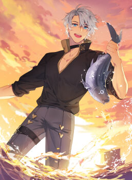 Rule 34 | 1boy, animal, black choker, black shirt, blue eyes, blurry, blurry background, chinese commentary, choker, commentary request, fish, fishing, grey hair, grey pants, hair between eyes, hand up, high collar, highres, holding, holding animal, holding fish, honkai: star rail, honkai (series), looking at animal, male focus, open mouth, orange sky, outdoors, pants, parted bangs, pectoral cleavage, pectorals, phainon (honkai: star rail), ship, shirt, short hair, signature, sky, sleeves rolled up, smile, solo, sparkle, standing, sun, sunset, teeth, thigh strap, tooaya, upper teeth only, wading, water, watercraft